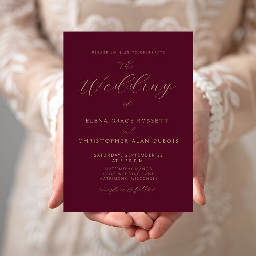 Modern Gold Script Burgundy Wedding Invitation