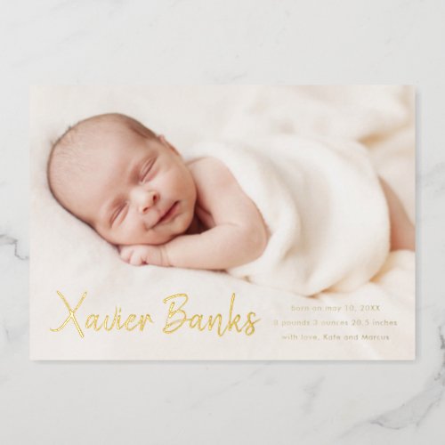 Modern Gold Script Calligraphy Name Baby Photo Foil Invitation