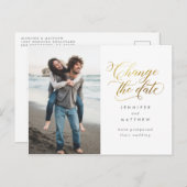 Modern Gold Script Change The Date Photo Wedding Postcard (Front/Back)