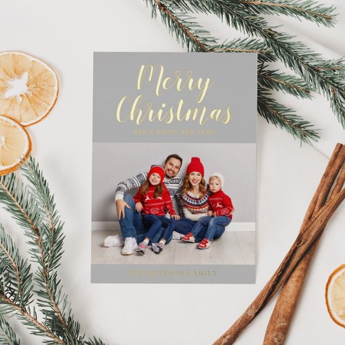 Modern Gold Script Christmas Photo Foil Holiday Card