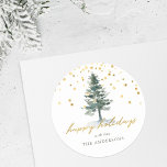 Modern Gold Script Christmas Tree Happy Holidays Classic Round Sticker<br><div class="desc">Custom-designed Christmas stickers and labels featuring "happy holidays" modern hand script with snowy Christmas tree and gold glitters design.</div>