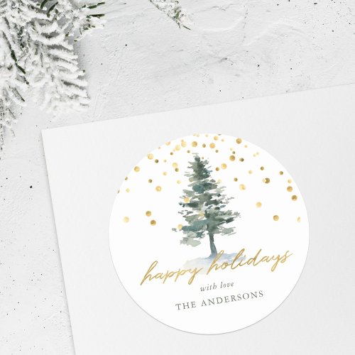 Modern Gold Script Christmas Tree Happy Holidays Classic Round Sticker