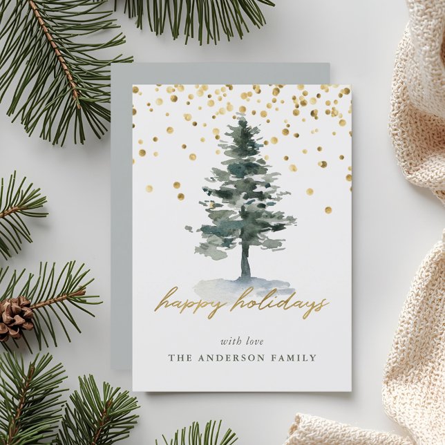 Modern Gold Script Christmas Tree No-Photo Holiday Card (Creator Uploaded)