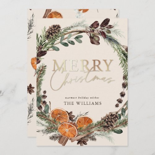 Modern Gold Script Citrus Wreath Christmas Holiday Card