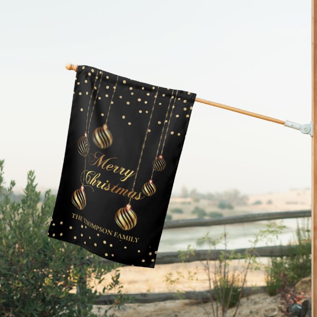 Modern Gold Script Confetti Black Family Christmas House Flag (Insitu (Back))