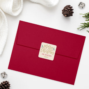 Modern Gold Script Cream Merry Christmas Name Square Sticker