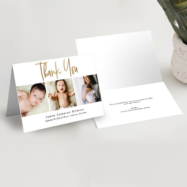 Modern Gold Script Custom 3 photo Baby birth Thank You Card (Modern 3 photo Gold thank you script birth announcement card)