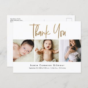 Modern Gold Script Custom 3 photo Baby Postcard