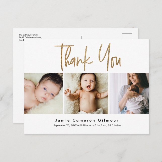 Modern Gold Script Custom 3 photo Baby Postcard (Front/Back)