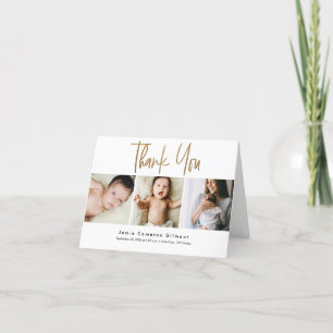 Modern Gold Script Custom 3 photo Baby Thank You Card