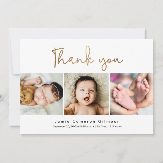 Modern Gold Script Custom 3 photos Baby Shower Thank You Card (Front)