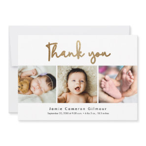 Modern Gold Script Custom 3 photos Baby Shower Thank You Card