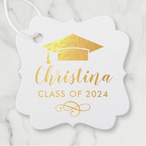 Modern Gold Script Custom Photo Graduation Party Foil Favor Tags