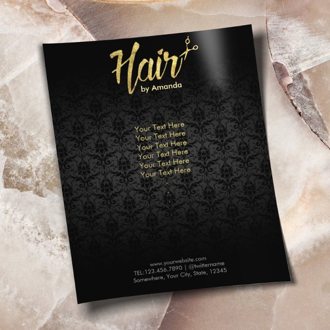 Modern Gold Script Damask Hair Salon Brochures Flyer (Creator Uploaded)