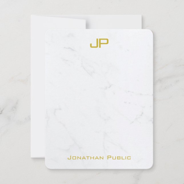 Modern Gold Script Elegant Monogram Marble Simple Note Card (Front)