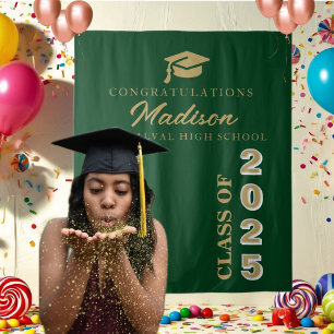 Modern Gold Script Emerald Green Graduation Tapestry