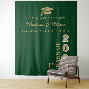 Modern Gold Script Emerald Green Twin Graduation Tapestry