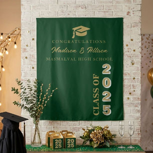 Modern Gold Script Emerald Green Twin Graduation Tapestry