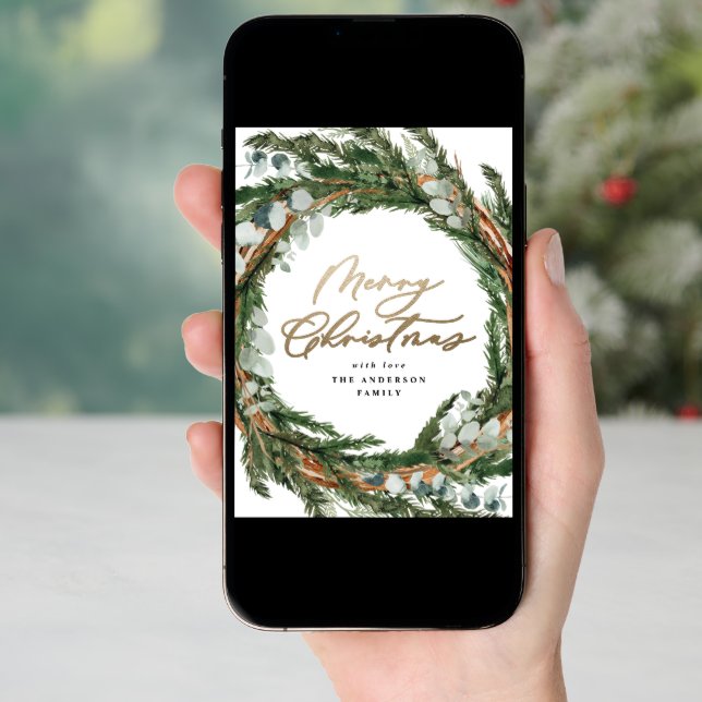 Modern gold script eucalyptus botanical Christmas Holiday Card (Front Digital)