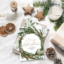 Modern gold script eucalyptus botanical Christmas Holiday Card