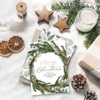 Modern gold script eucalyptus botanical Christmas Holiday Card