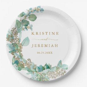  Modern Gold Script Eucalyptus Watercolor Wedding Paper Plates