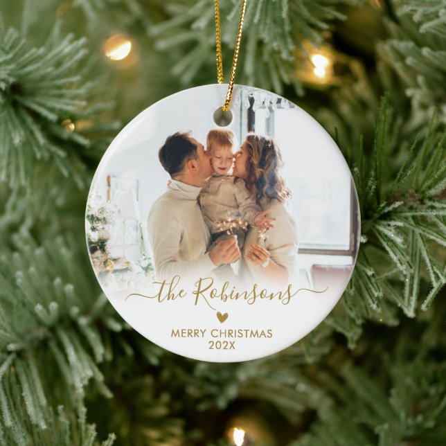 Modern Gold Script Family Photo Merry Christmas   Ceramic Ornament (Tree)