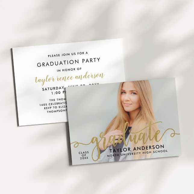 Modern Gold Script Graduate Photo Graduation Party Invitation