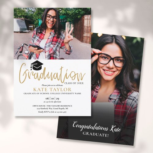 Modern Gold Script Graduation Party 2 Photo Invitation