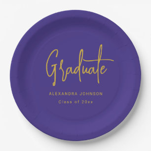 Modern Gold Script Graduation Party Blue Custom Paper Plates