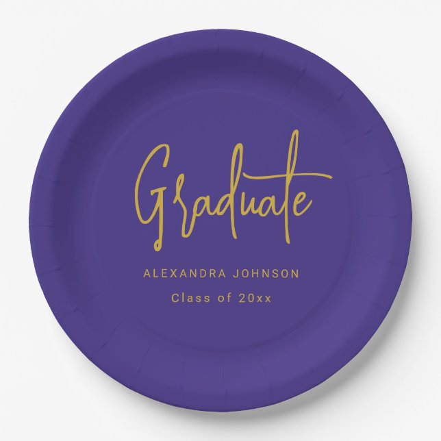 Modern Gold Script Graduation Party Blue Custom Paper Plates (Front)