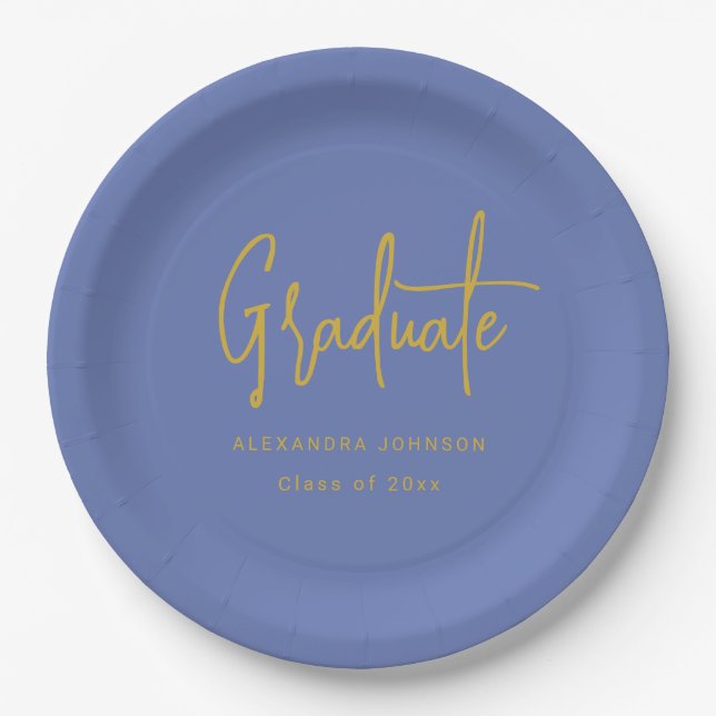 Modern Gold Script Graduation Party Blue Custom Paper Plates (Front)