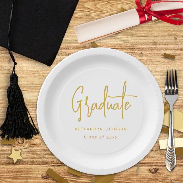 Modern Gold Script Graduation Party Custom Paper Plates (Trendy modern gold script graduation party custom white paper plate With graduate name ands class of)