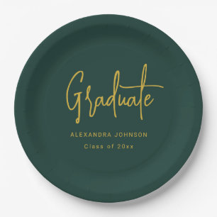 Modern Gold Script Graduation Party Green Custom Paper Plates
