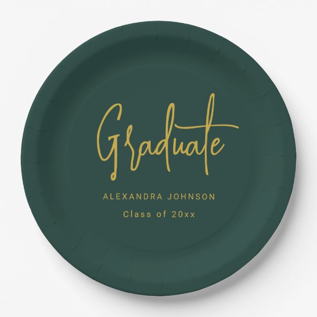 Modern Gold Script Graduation Party Green Custom Paper Plates (Front)