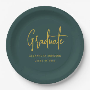 Modern Gold Script Graduation Party Green Custom Paper Plates
