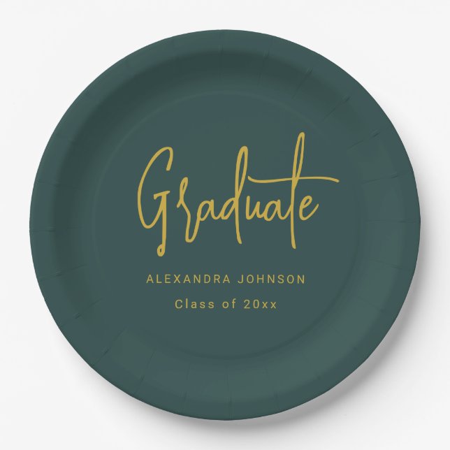 Modern Gold Script Graduation Party Green Custom Paper Plates (Front)