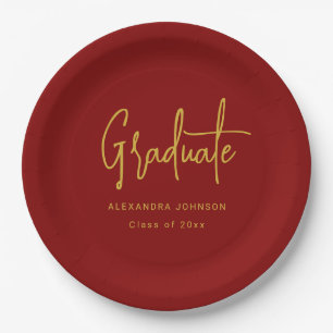 Modern Gold Script Graduation Party Red Custom Paper Plates