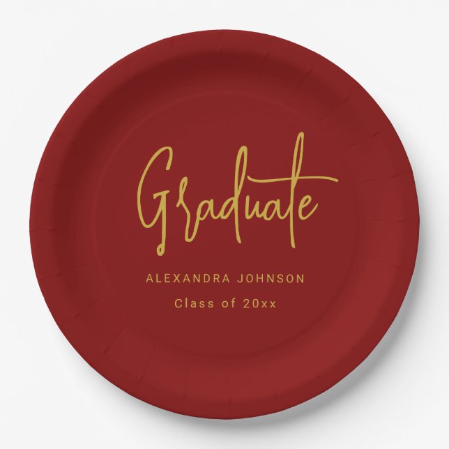 Modern Gold Script Graduation Party Red Custom Paper Plates (Front)