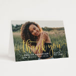 Modern Gold Script Graduation Photo Thank You Foil Greeting Card<br><div class="desc">Stylish and elegant folded graduation thank you card features a senior photo with trendy "thank you" real gold foil script overlay. Personalize the modern white custom text with your grad's name,  school,  and class year. A custom thank you message can be added or handwritten inside the card.</div>