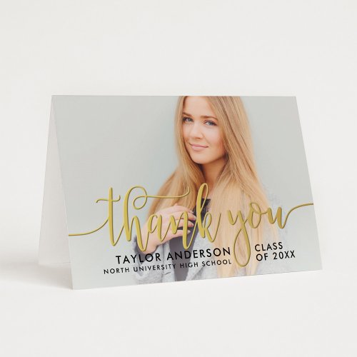 Modern Gold Script Graduation Photo Thank You Foil Greeting Card