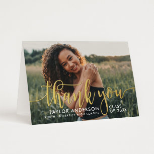 Modern Gold Script Graduation Photo Thank You Foil Greeting Card