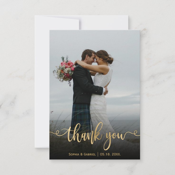 Modern Gold Script Hand Lettered Wedding Photo Thank You Card | Zazzle