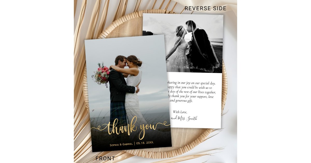 Modern Gold Script Hand Lettered Wedding Photo Thank You Card | Zazzle