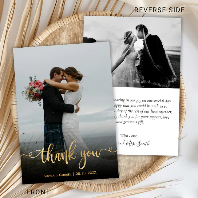 Modern Gold Script Hand Lettered Wedding Photo Thank You Card | Zazzle