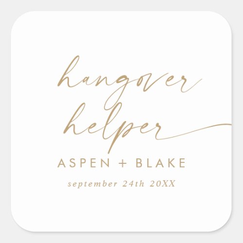 Modern Gold Script Hangover Helper Wedding Favor Square Sticker