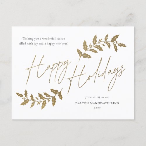 Modern Gold Script Happy Holidays Business Holiday Postcard