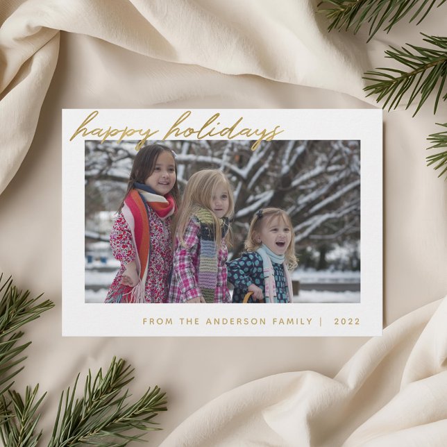 Modern Gold Script Happy Holidays Family Photo Holiday Card (Creator Uploaded)