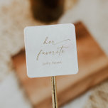 Modern Gold Script Her Favorite Wedding Favor Square Sticker<br><div class="desc">These modern gold script her favorite wedding favor stickers are perfect for a minimalist wedding. The simple yellow gold color design features unique industrial lettering typography with modern boho style. Customizable in any color. Keep the design minimal and elegant, as is, or personalize it by adding your own graphics and...</div>