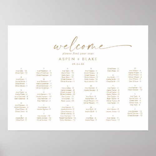 Modern Gold Script Horizontal Alphabetical Seating Poster